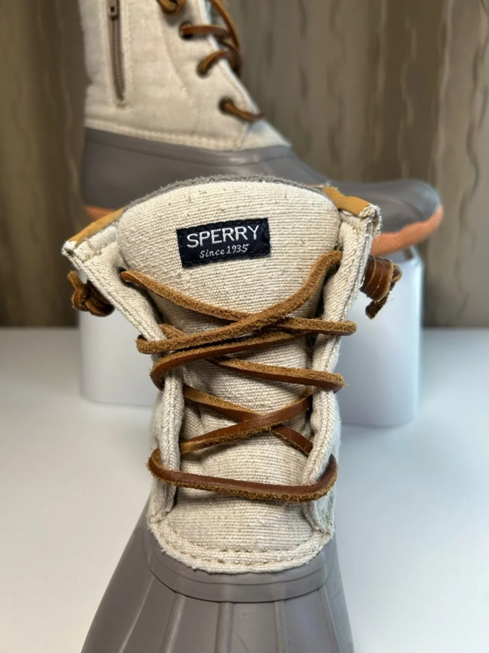 Sperry Saltwater Sport Girl's 3M Duck Boot Side Zip Gray Tan Peach STK164544